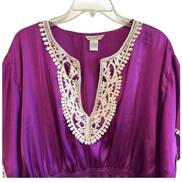 Fun and Flirt Women's Purple Boho Tunic Top with Crochet Trim Size Large - Picture 4 of 9